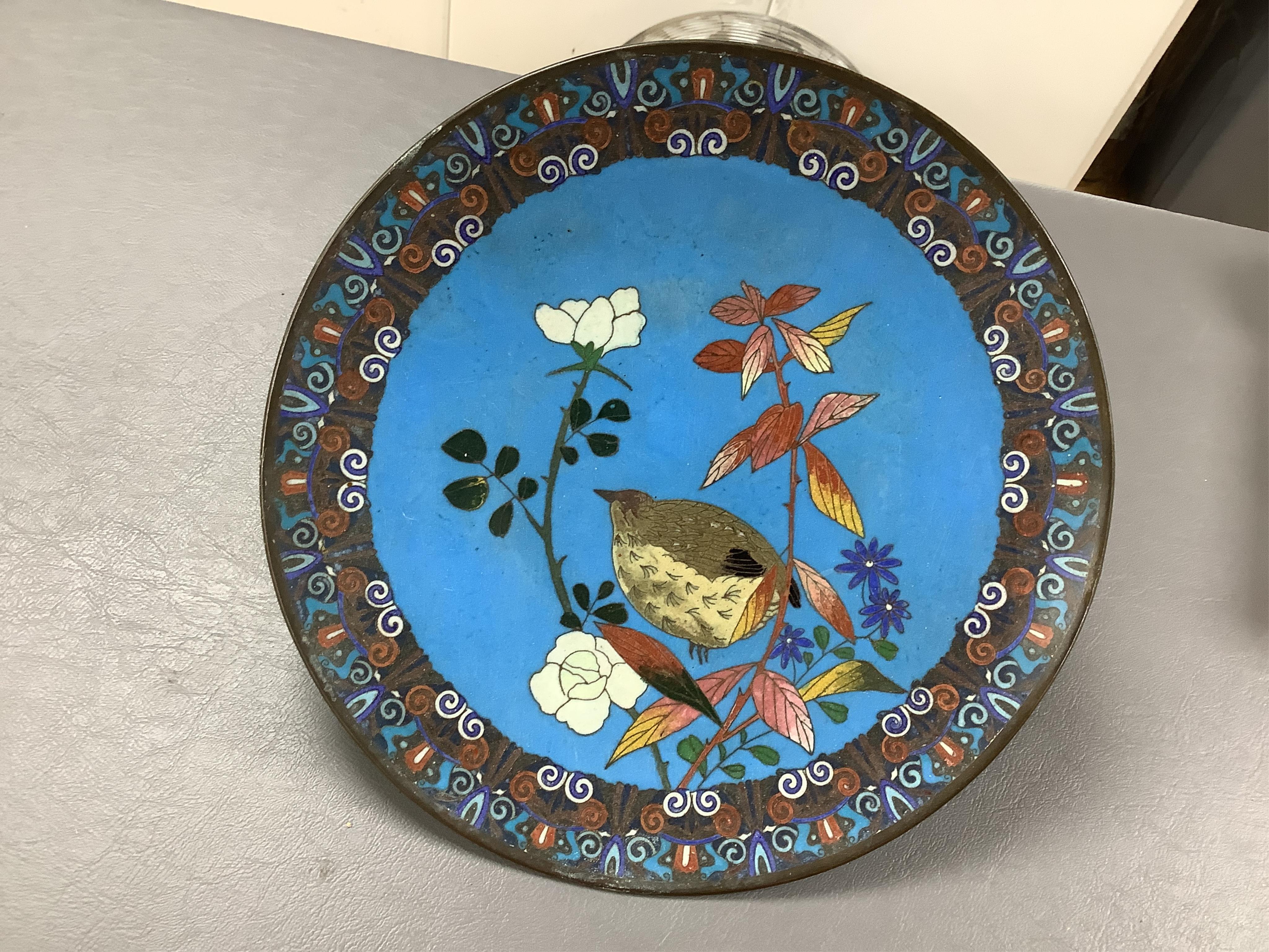 A Japanese archaistic bronze and champlevé enamel cloisonné two handled vase together with a Japanese cloisonné enamel dish, depicting a bird amongst flowers, 30cm high